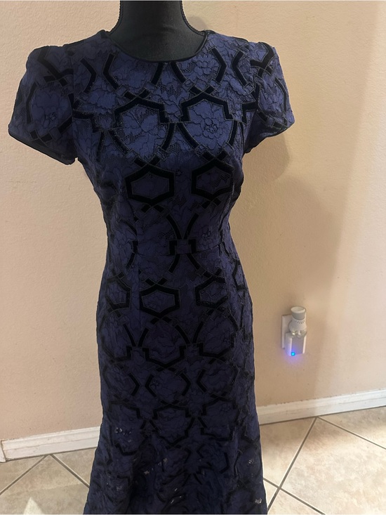 Milly Dresses & Skirts - Milly Navy Blue Lace Maxi Dress with Black Velvet Geometric Overlay